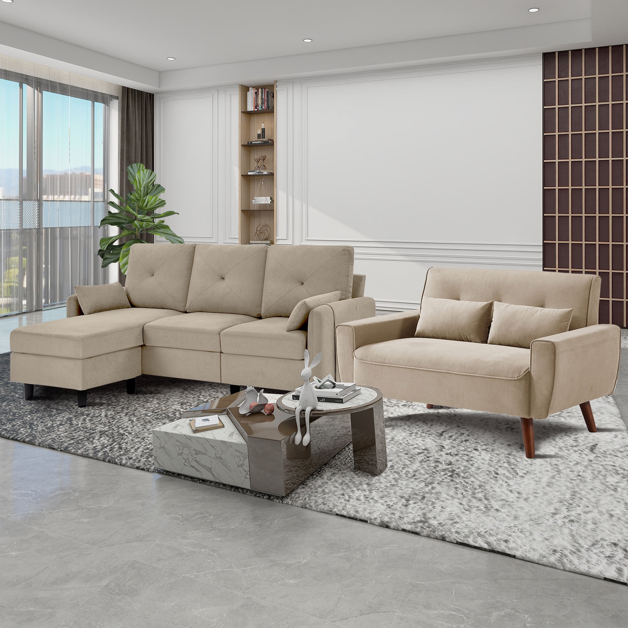79" Convertible Sectional Sofa Set, Small L Shaped 3-Seat Couch with Reversible Chaise and Accent Chair, Modern Linen Sofas Couches for Living Room, Beige