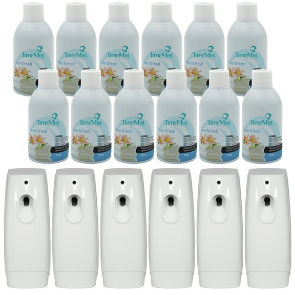 TimeMist Premium Metered Air Freshener Refills, Clean & Fresh (12) with Aerosol Fragrance Dispenser (6) - 1042771 - Lasts Up To 30 Days and Neutralizes Tough Odors