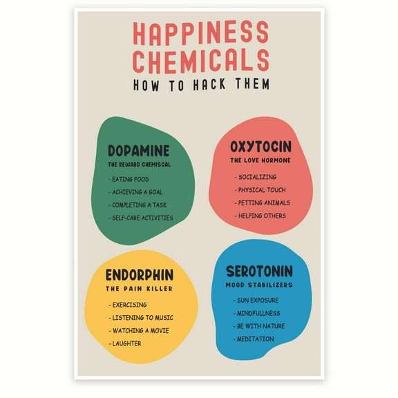 Bliss Monkey Co. Happiness Chemicals Poster - How To Hack Them - Therapy Counselor Therapist Office Wall Art - 12 x 18 Inch Poster - Unframed - Premium 100lb Gloss - Made In USA - BMCP079