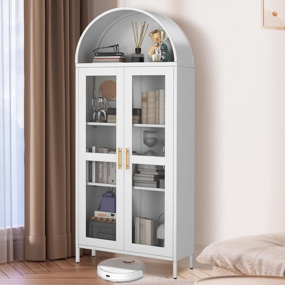 EastVita 73 Inch Arched Metal Storage Cabinet with Glass Door2 Adjustable Shelves White