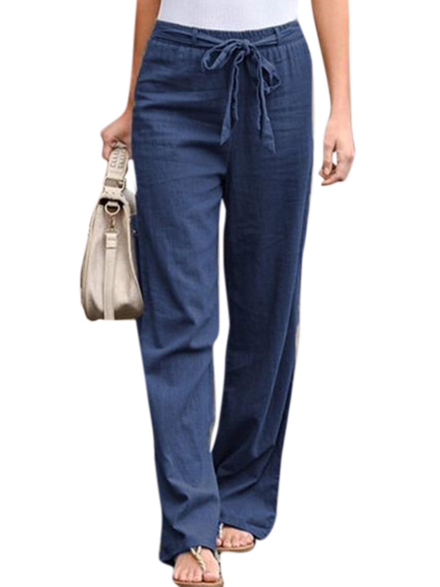 Womens Cotton Linen Straight Leg Trousers Summer Casual Long Pants Plus