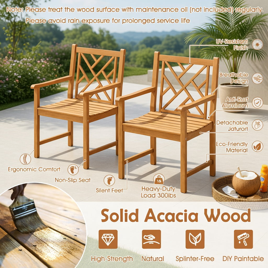 Hommoo 2-Pack Acacia Wood Outdoor Dining Chairs with Cross-Back Design, Sturdy Patio Chairs for Backyard, Porch & Poolside, Natural
