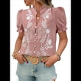 thumbnail image 3 of Blusas de Verano para Mujer 2025, Informales, con Volantes, Cuello en V, Corta Abullonada, Botones y Bordados. Rosa L, 3 of 9