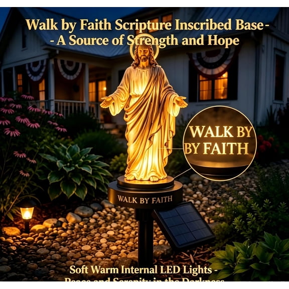 Walk by Faith Solar Jesus Garden Light, Warm Glowing Resurrected Christ Figurine for Graveyard Cemetery Memorial Holiday Outdoor Lawn Patio