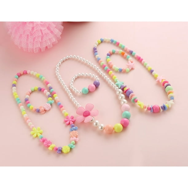 PinkSheep Beaded Necklace and Beads Bracelet for Kids 6 Sets