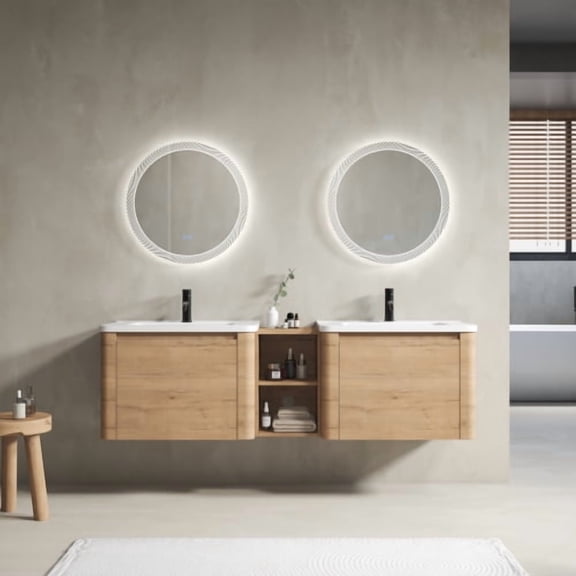 AVAXA 68'' Wall-Mounted Bathroom Vanity with White Ceramic Sink and Storage Shelves & 2-Soft-Close Door, KD-Packing, Plywood, Imitative Oak