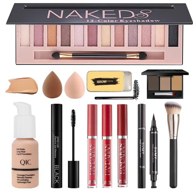 Kit de maquillaje todo en uno para mujer, kit completo que incluye 12 colores, sombra de ojos desnuda, base líquida, lápiz labial, máscara, brocha de maquillaje, esponja de maquillaje, polvo para ceja