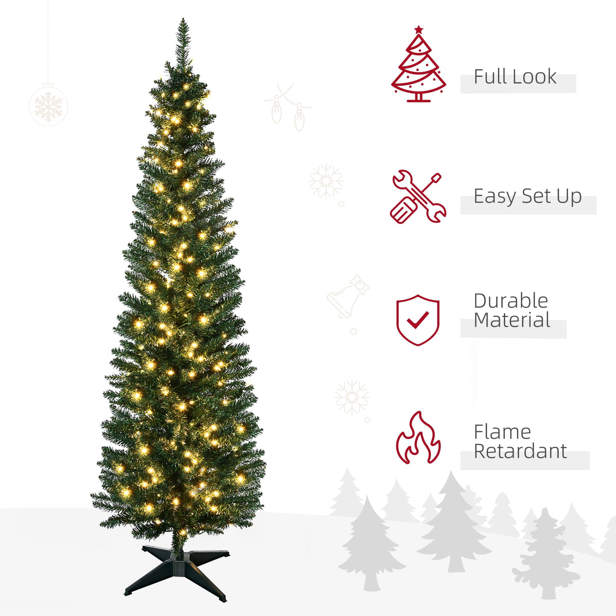 Pre-Lit Slim Artificial Pencil Christmas Tree, 7 ft Tall with Warm White LED Lights, 499 Tips, Flame Retardant, for Indoor Holiday Decoration