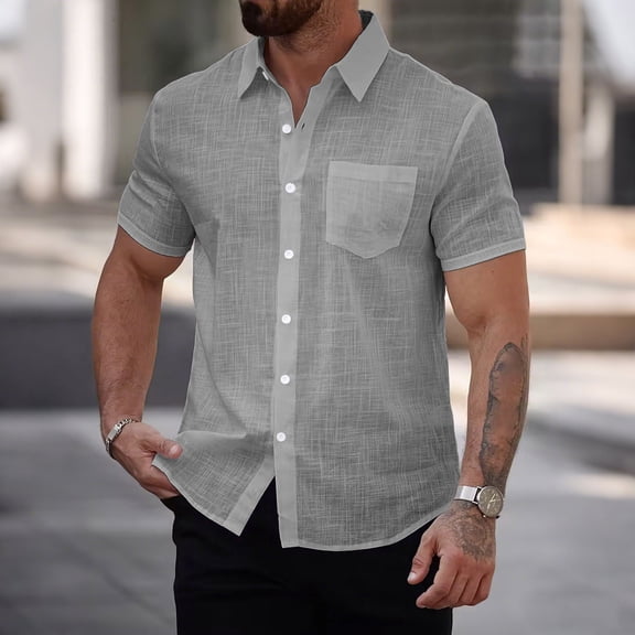 Homenesgenics Mens Shirts 3xl Tops for Men Cotton-Linen V-Neck Short-Sleeve Shirt Gray XXL