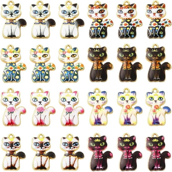 1 BOX 32Pcs 8 Colors Cat Charms Bulk Cute Kitty Charms Alloy Enamel Printing Cats Animal Small Pet Animals Mini Charms for Jewelry Making Charms Earrings Necklace Bracelet Beginners Women 1box