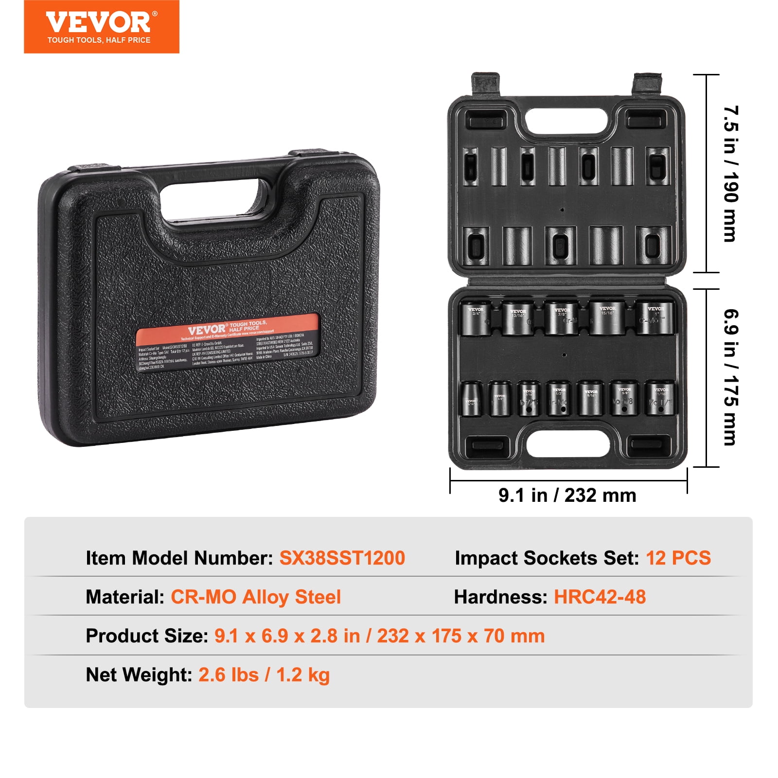 VEVOR 3/8" Drive Impact Socket Set, 12 Piece Shallow Socket Set SAE 5/16"-1", 6 Point Cr-Mo Alloy Steel for Auto Repair, Easy-to-Read Size Markings, Rugged Construction, Includes Storage Case
