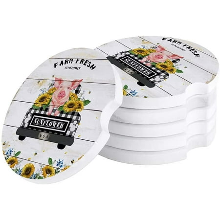 

KXMDXA Cute Pig in Checkered Truck Farm Sunflowers Wood Grain Set of 2 Car Coaster for Drinks Absorbent Ceramic Stone Coasters Cup Mat with Cork Base for Home Kitchen Room Coffee Table Bar Decor
