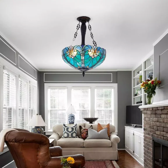 FINE MAKER 16" Tiffany Wide Sea Green Stained Glass Inverted Chandelier, Living Room Antique Style 3 Light Chandelier