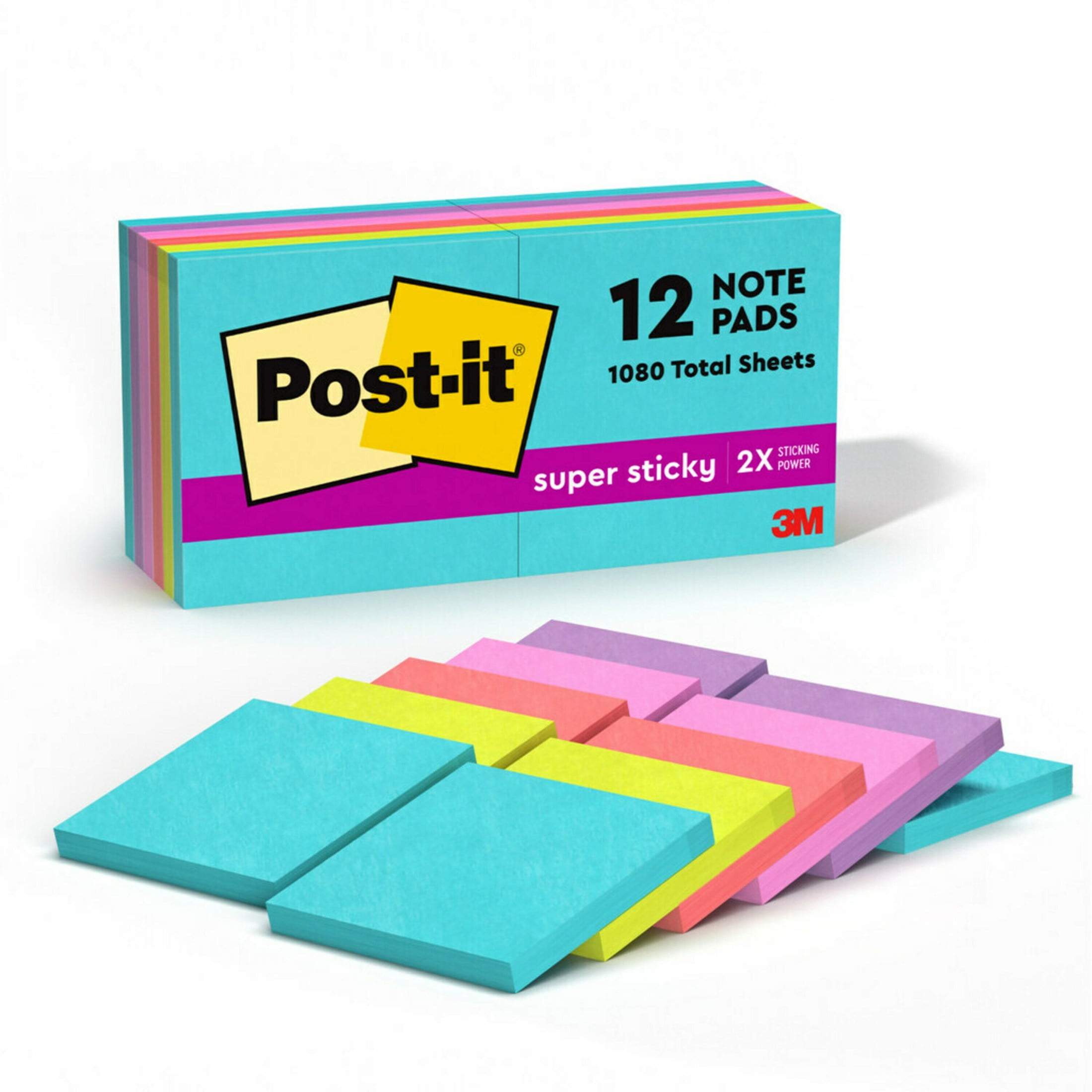 (4 pack) Post-it Super Sticky Notes, 3 in. x 3 in., Supernova Neons, 12 Pads