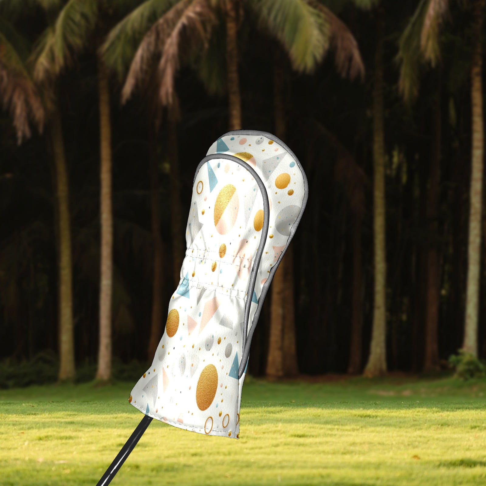Golf Club Covers, White Gold Geometry Premium PU Leather Driver Hybrid Putter Head Covers with Velvet Lining, Waterproof Golf Gifts for Men Women