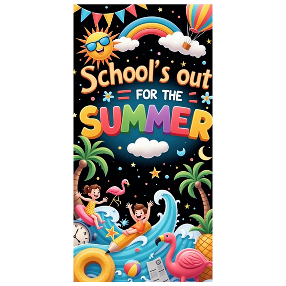 Bright Colors Summer Banner Cartoon Design School's Out Holiday Wallpaper for Beach Party Kids Celebration Indoor Decoration