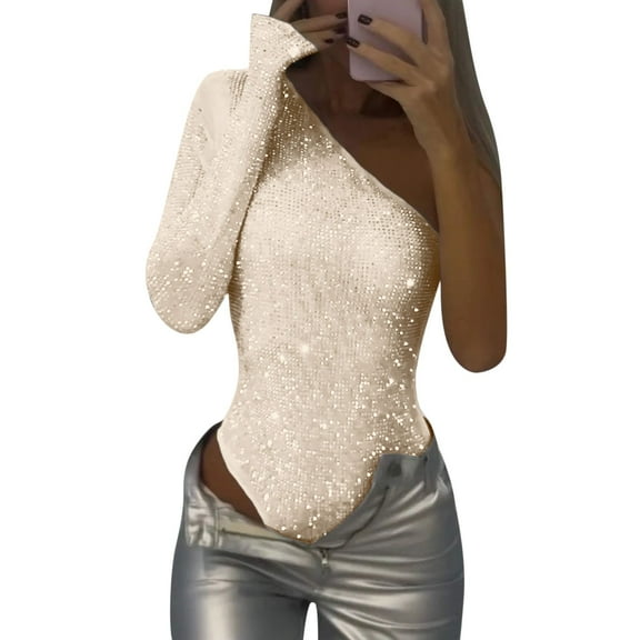 Wdgfv Women's One Shoulder Sequin Tops Bodysuits Country Concert Outfits for Women Sparkly Shirts Sexy Womens Sparkle Top Silver M