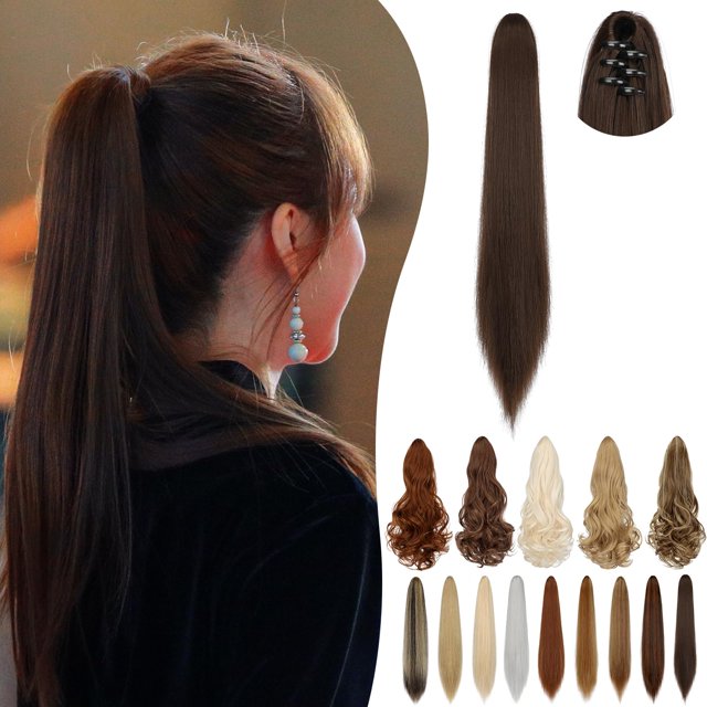 Cephermer Extensión de cola de caballo Garra 18 "" 20 "" Largo rizado Ondulado Clip recto en extensión de cabello sintético de aspecto natural Postizo de cola de caballo para mujeres Marrón medio