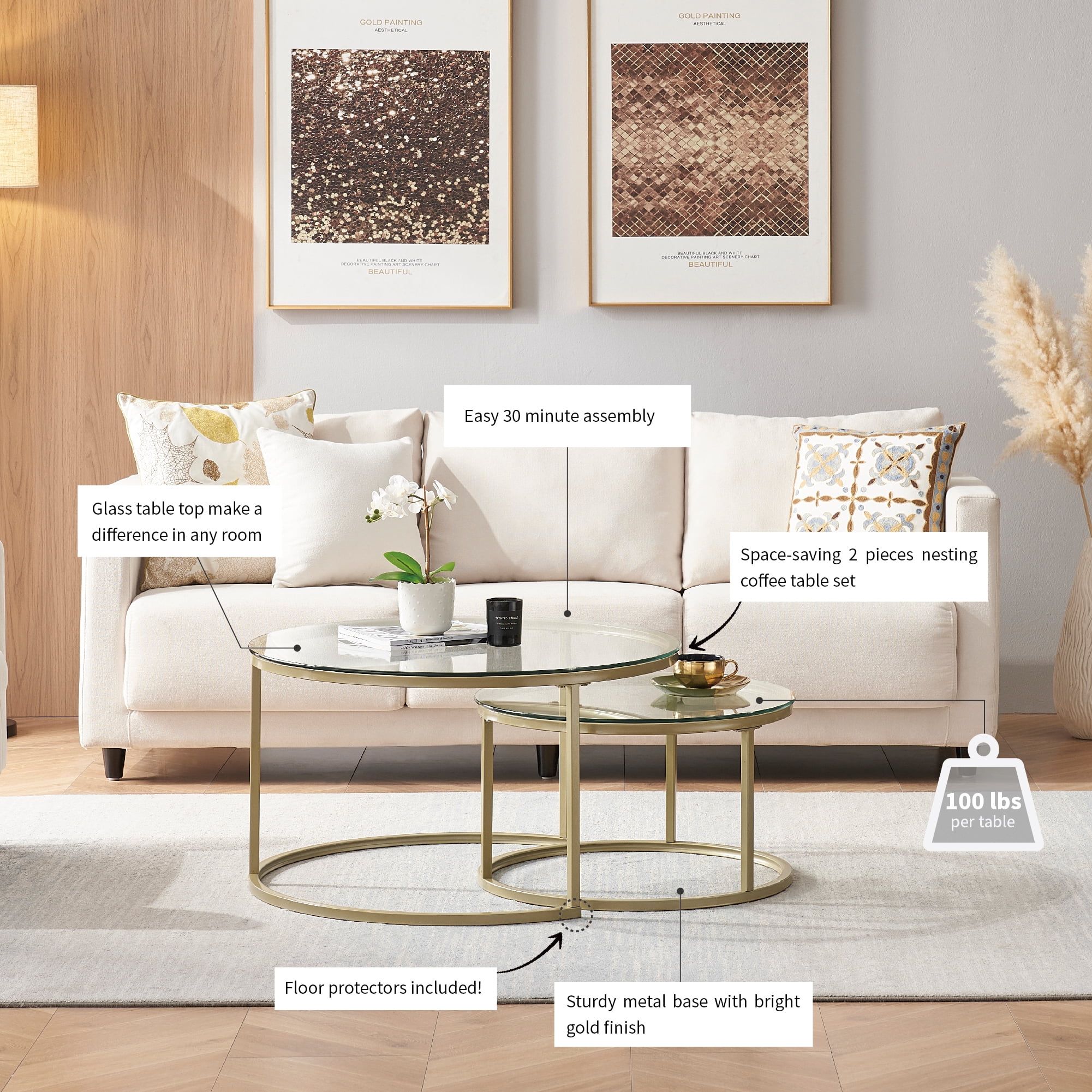 Modern Round Nesting Coffee Table Set with 31.5 inch Tempering Glass Top and Golden Metal Legs Stacking Side Tea Table for Living Room