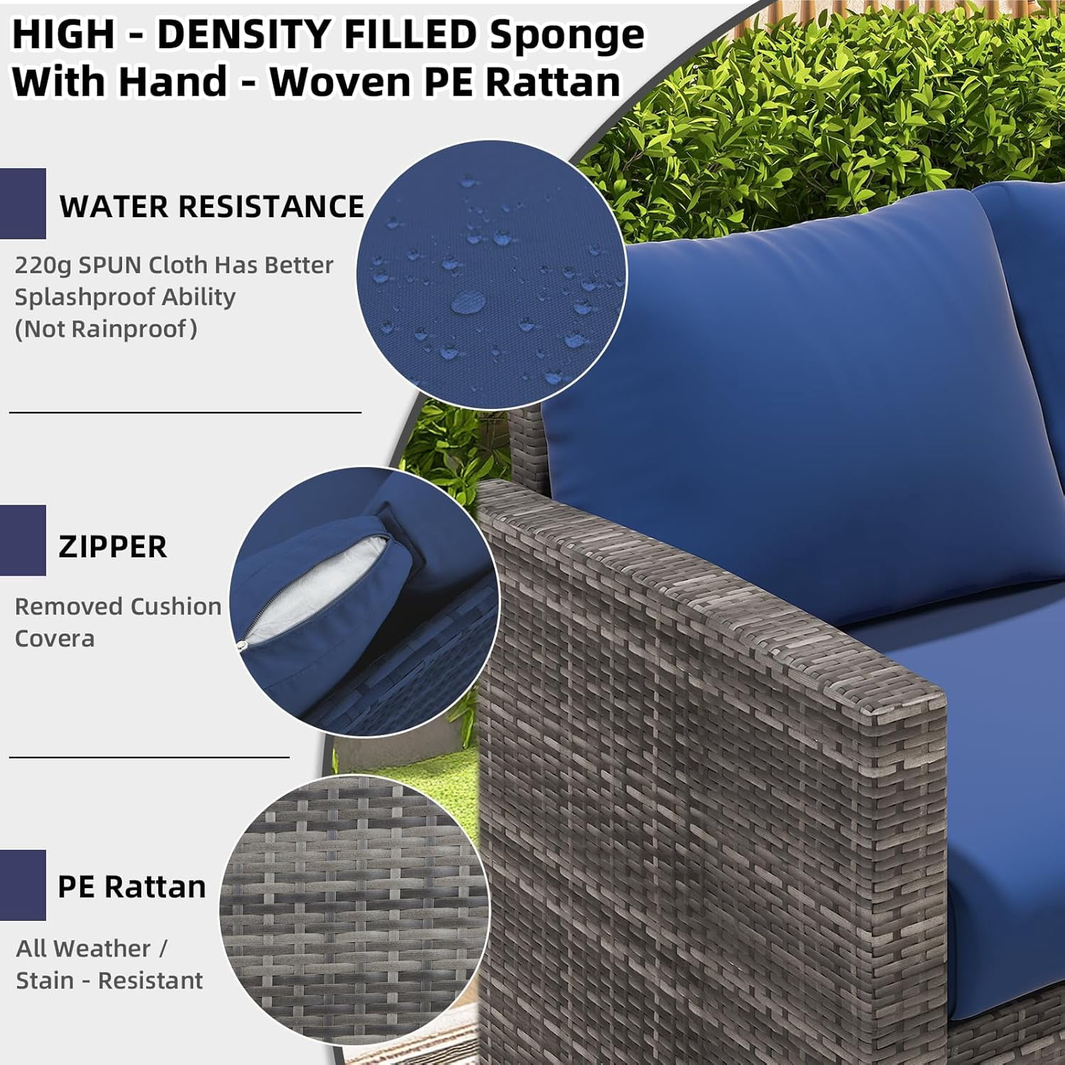 AECOJOY 7 Piece Patio Conversation Set, Outdoor Sectional Sofa Rattan Wicker Dining Furniture in Dark Blue