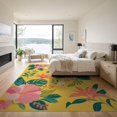 thumbnail image 3 of ODIKA 9'x12' Yellow Vibrant Floral Elegance Decorative Washable Area Rug Lush Botanical Patterns with Summer Blossoms for Great Room, Indoor Concept, Large Living Low Pile, Flatwoven, 3 of 7