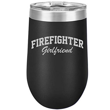 

16 oz Double Wall Vacuum Insulated Stainless Steel Stemless Wine Tumbler Glass Coffee Travel Mug With Lid Firefighter Girlfriend (Black)