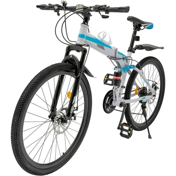 Miumaeov 26" Mountain Bike Folding 21 Speed Full Suspension High Carbon Steel Bike Bicycle Adjustable Saddle Height, Dual Disc Brakes Non-Slip Folding Bike, Adult/Men/Ladies Mountain Bike