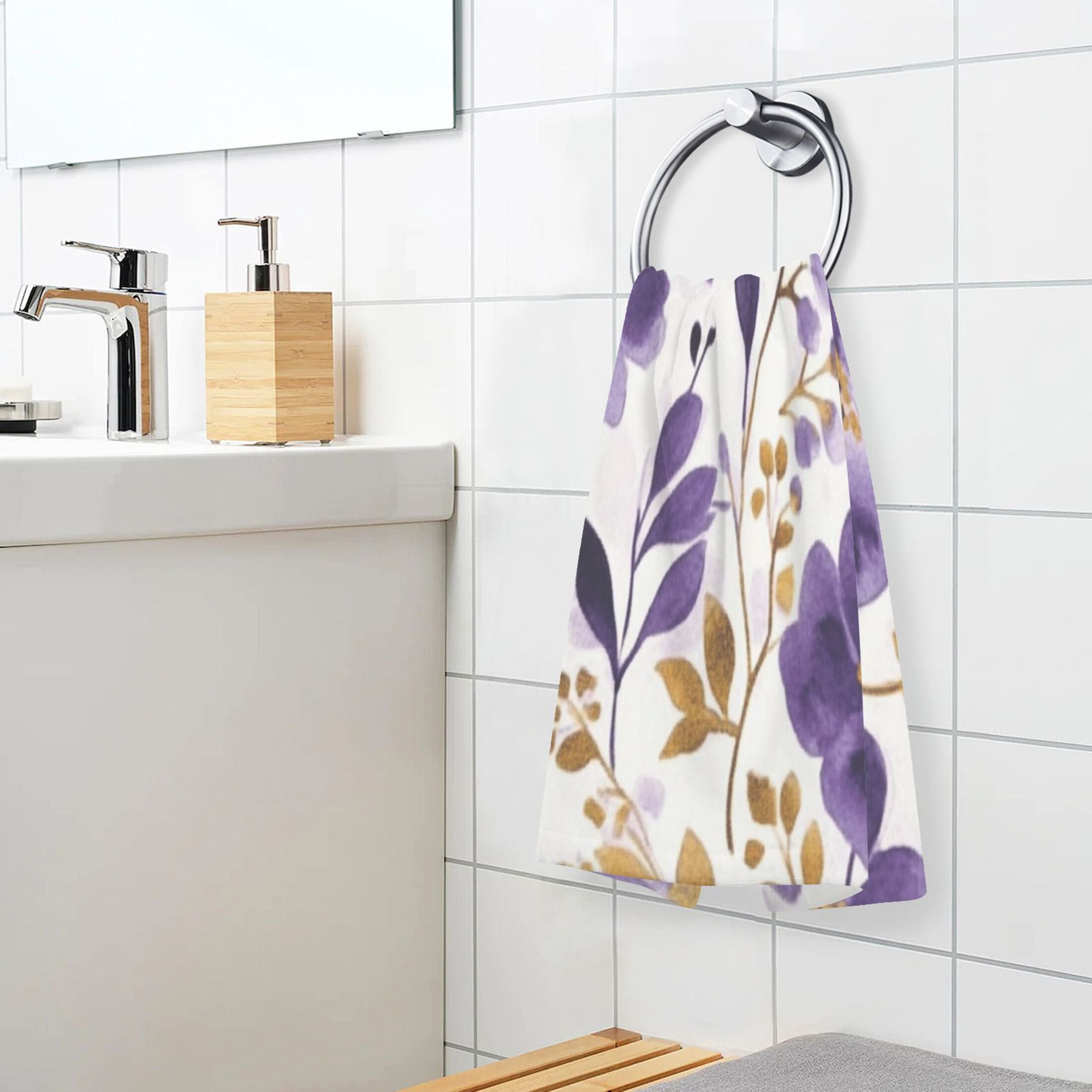 2 Pcs Absorbent Face Towel Bath Hand Towels Soft Breathable Cotton Towel Set for Bathroom Kitchen Hotel Spa Decor Purple and Gold Floral