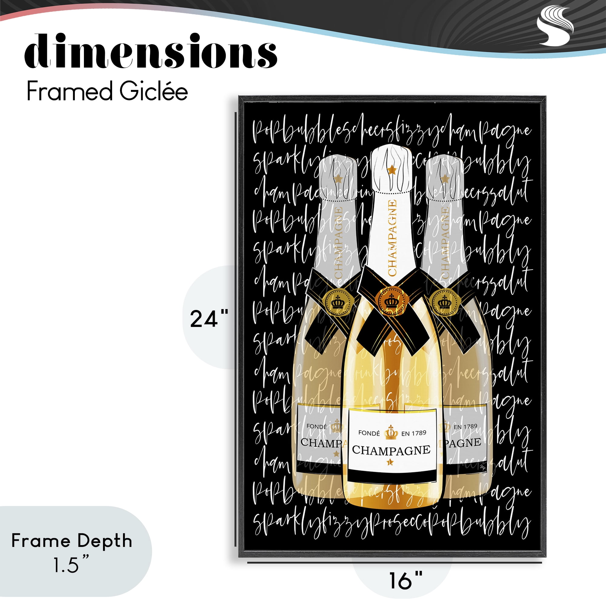 Stupell Industries Triple Champagne Bottle Love Black Framed Giclee Art, design by Martina Pavlova