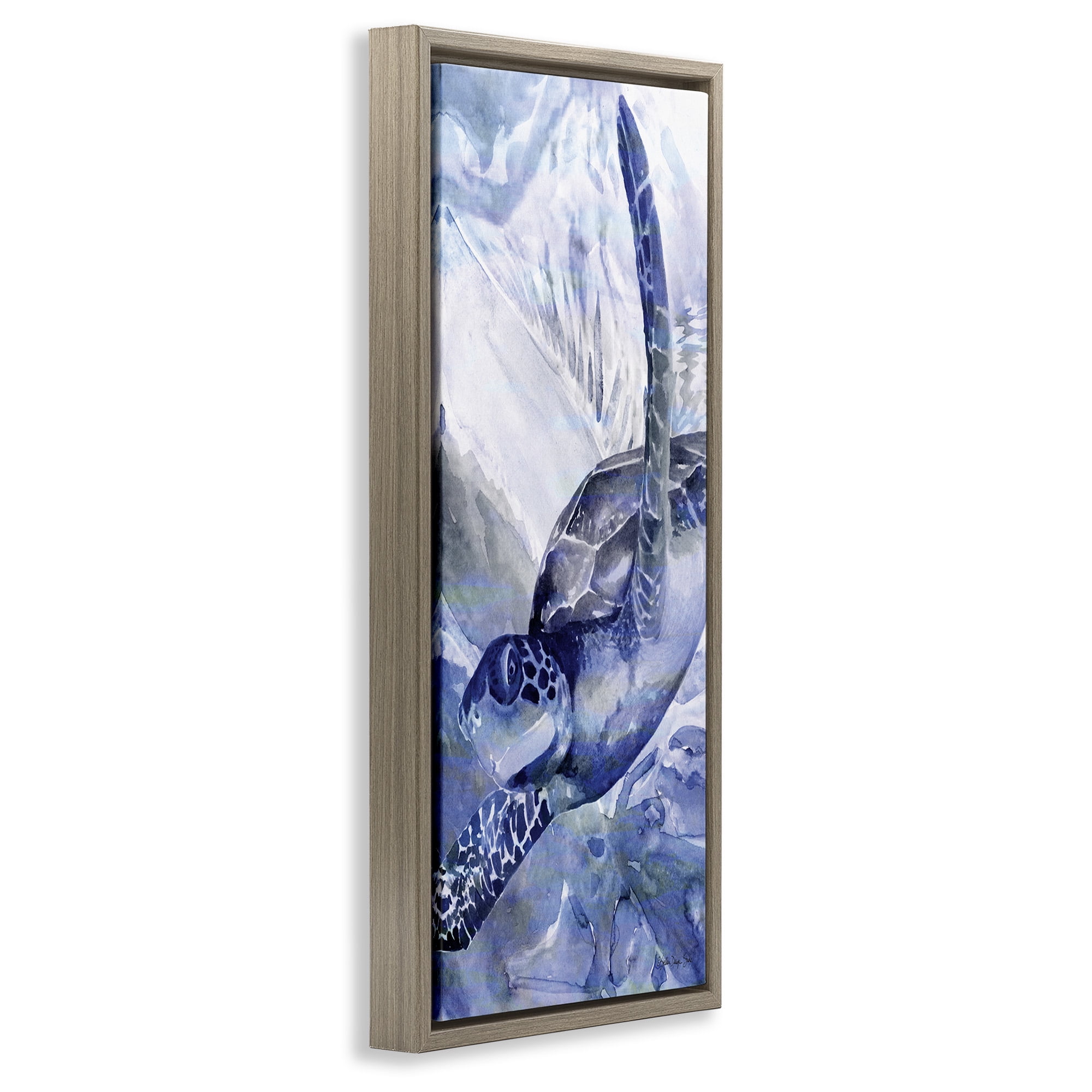 Stupell Industries Sea Turtle Swimming In Ocean Animals & Insects Painting Brown Floater Framed Canvas Art Print Wall Art, 11 x 25