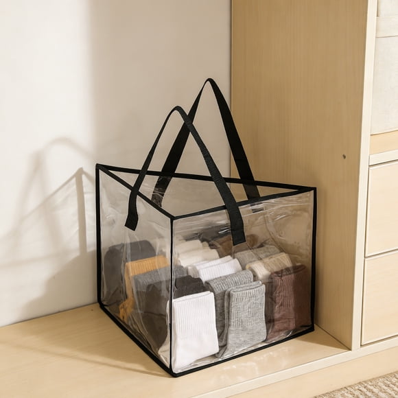 2 Pack - Foldable Travel organizer, Transparent Storage Bag for Clothes Hangers & Toiletries, Portable Handle & Space, 18.1" x 13.8" x 13.8", QFL