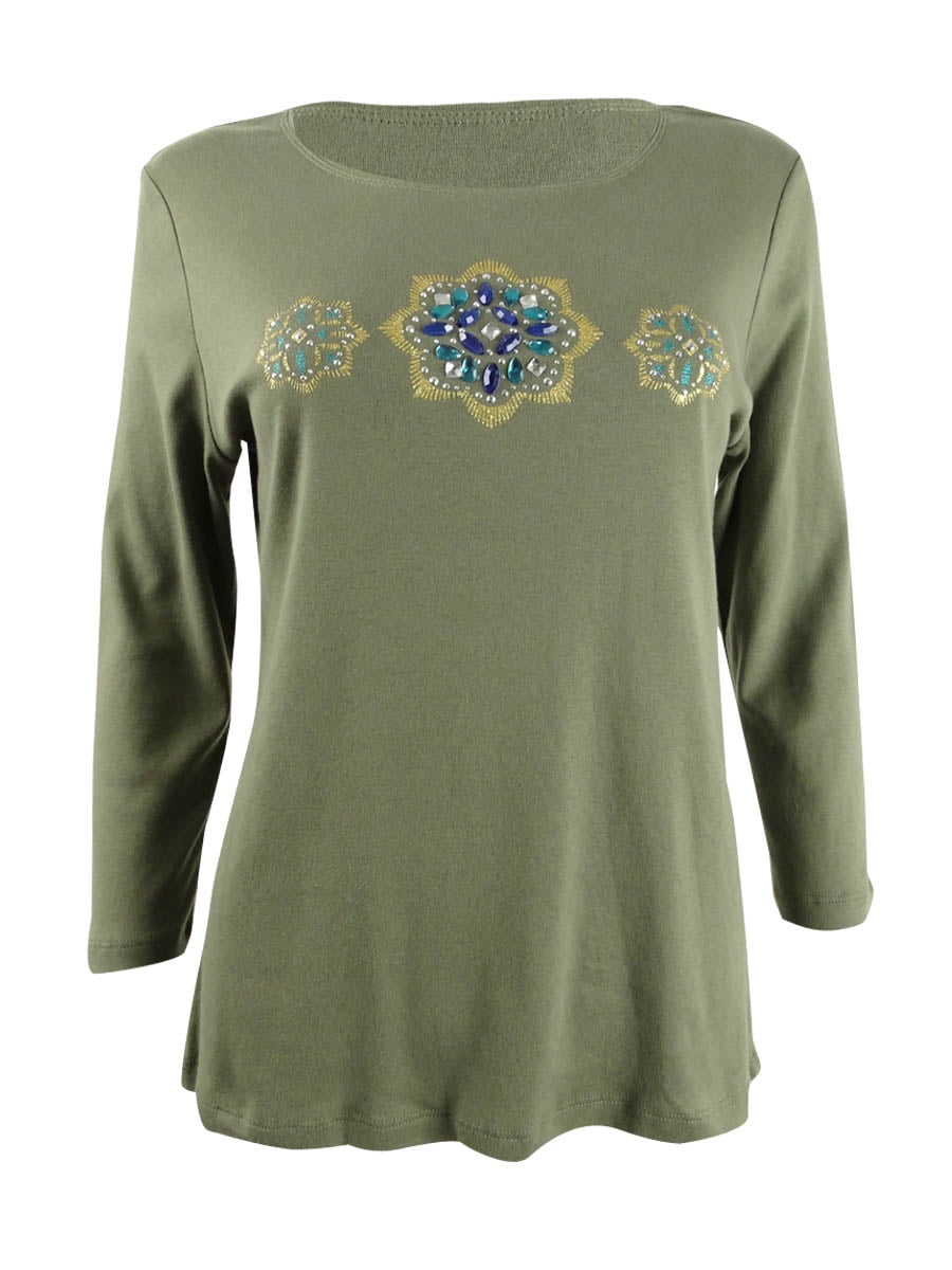 Karen Scott Women's Petite Rhinestone-Embellished Cotton Top (PXL ...