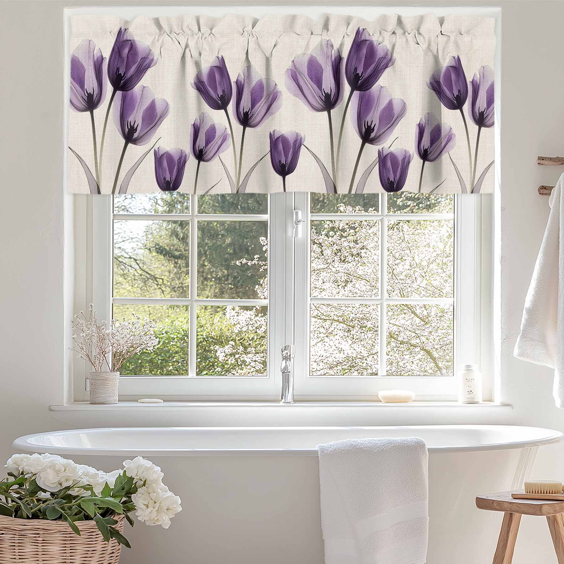 Purple Tulip Valances for Windows, 60 x 18in, Minimalist Modern Flowers Art Linen Background Rod Pocket Kitchen Valance Curtain Light Filtering Window Treatments for Living Room Bedroom, 1 Panel