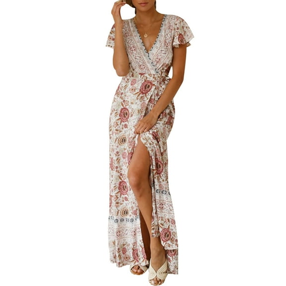 Julycc Women Boho Floral Print Long Maxi Wrap Dress Summer Beach Sundress