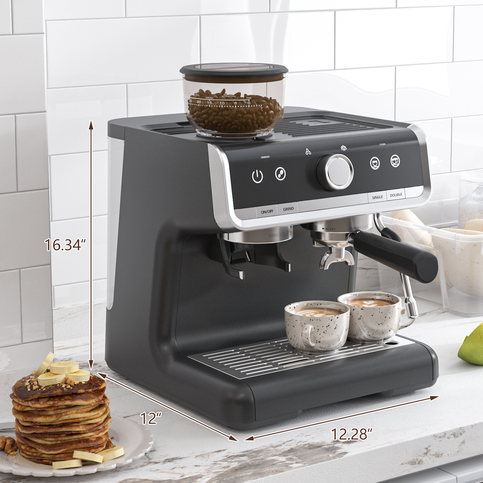 2-in-1 Espresso Machine & Grinder - 20 Bar with Steam Wand & Large Tank