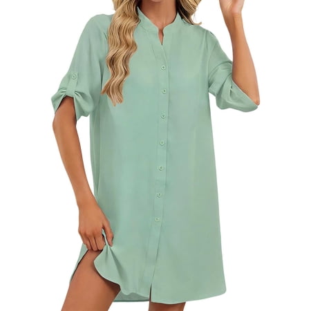 DGMIOCS Women s Button-Down Shirt Dress With Long Sleeves Effortless Daywear Flowy Tunic for Everyday Outings Spring Summer Comfort Light Green M