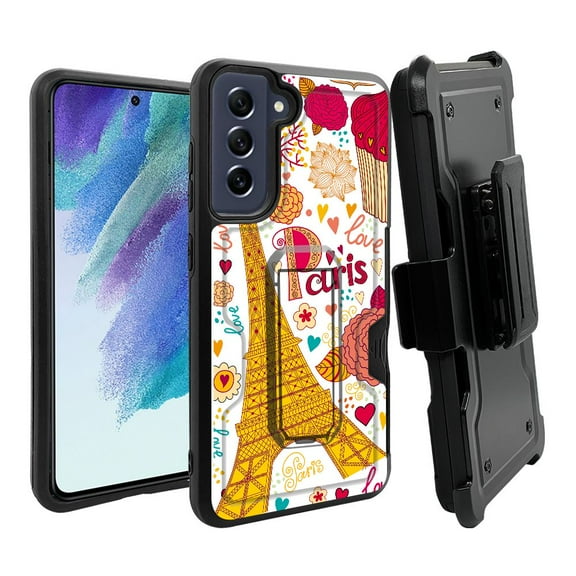 ANJ  Rugged Dual Layer Hybrid Holster Kickstand Case w/ Card Slot   Tempered Glass Cover for Samsung Galaxy S21 FE 5G - Love for Paris