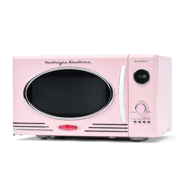 Nostalgia - Horno de microondas retro para encimera, grande de 800 W, 0.9 pies cúbicos, 12 ajustes de cocción preprogramados, reloj digital, electrodomésticos de cocina, color rosa