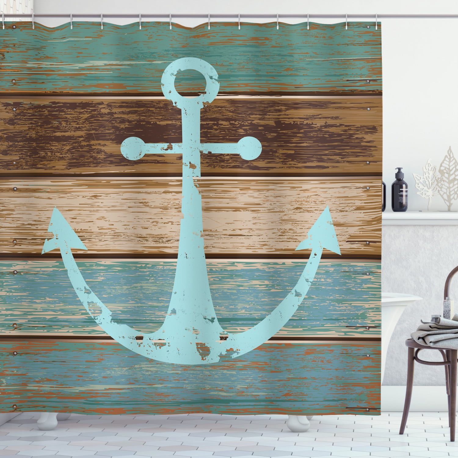Nautical Anchor Rustic Wooden Planks Shower Curtain Extra Long 84 Inch