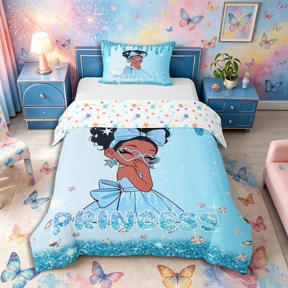 Castle Fairy Kwaii Bow Black Kawaii Princess Twin Duvet Cover,Glittery Diamond Background Twin Bedding,Cyan Sky Silver,1 Duvet Cover and 1 Pillowcase