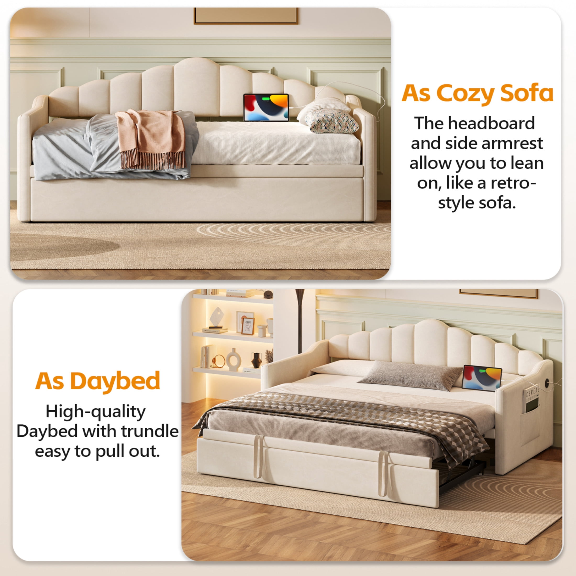 Noble House Twin Upholstered Daybed with Pop-Up Trundle, USB and Type-C Charging Ports, Beige