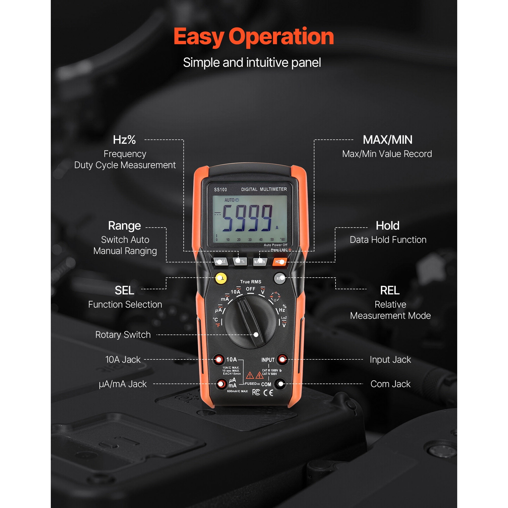 KFFKFF Digital Multimeter, 6000-Count TRMS DC/AC Voltage and Current Tester, Auto-Ranging Device for Measuring Voltage, Resistance, Capacitance, Temperature, Diodes, Continuity, and Low Impedance