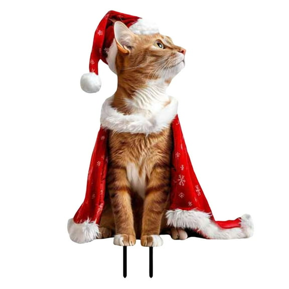 AFUO Garden Decor 2D Cat Christmas Hat Small Stakes Yard Lawn Decorations Outdoor Garden Gifts for Yard Beautification 11.4Inch