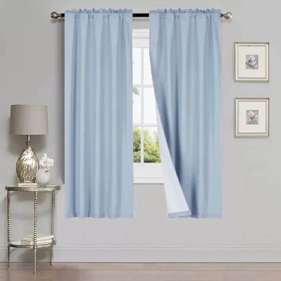 Gorgeous Home Linen 2 Piece Set Foam Lined Backing Window Curtain Rod Pocket Matte Solid Color Slate Blue 37" Width x 63" Length Each Piece