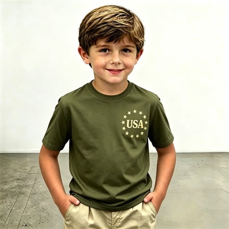America 250 Shirt Boys Independence Day Letter Print Crew Neck Short Sleeve Pullover Shirt Tops for Fourth Of July Army Green 4 Years-5 Years