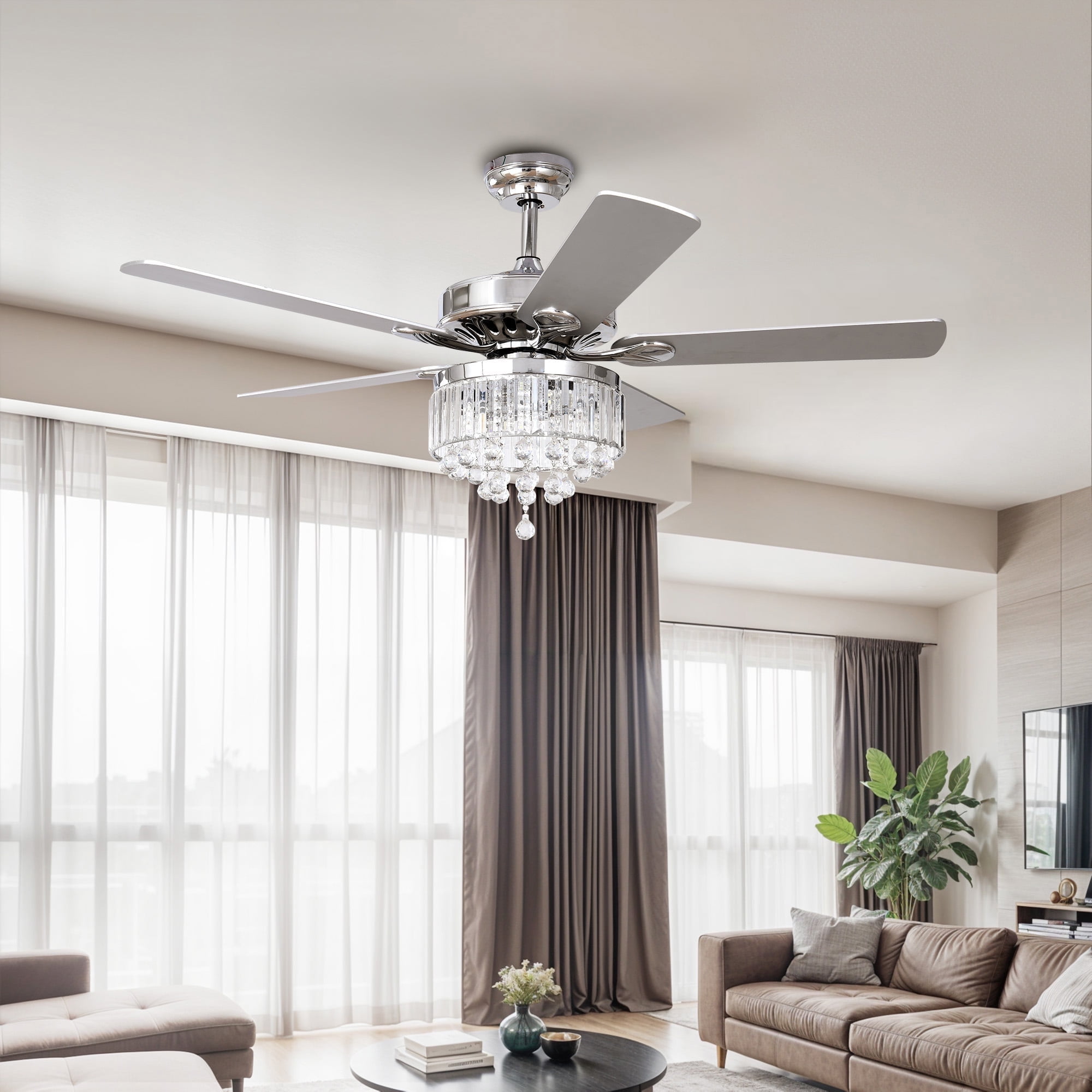 ModFusion 52in Elegant Ceiling Fan with Crystal Chandelier, Quiet Motor, 6-Speed, Chrome Finish, Wall Control