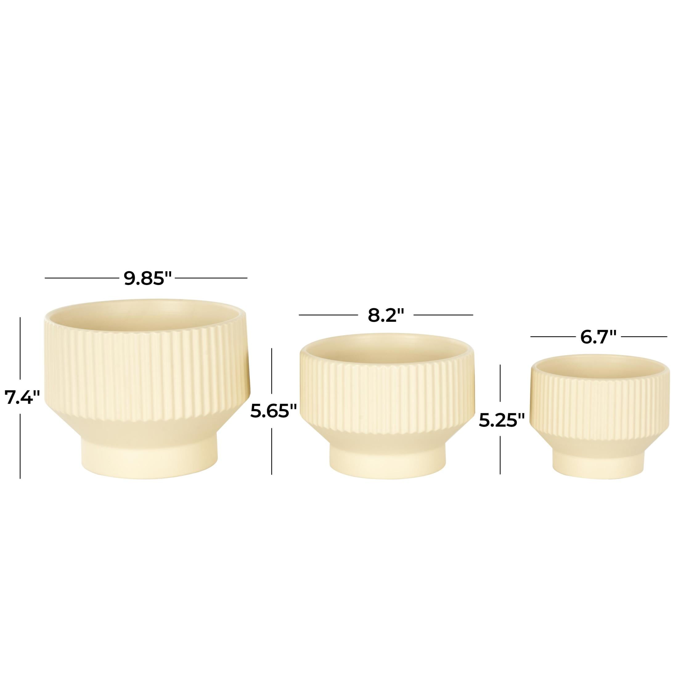 DecMode 10", 8", 7"W Wide Cream Ceramic Planter with Linear Grooves and Tapered Bases (3 Count)