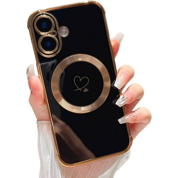 TEMOGU-Magnetic Case for iPhone 17 Case[Compatible with MagSafe] Cute Plating Love Hearts Pattern with Camera Protection,Soft Shockproof TPU Bumper Cover for Women Girls,Black