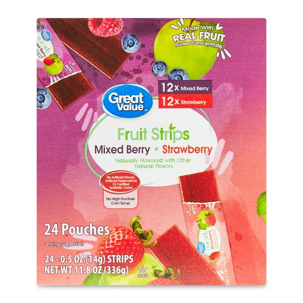 Great Value Fruit Strips, Mixed Berry and Strawberry, 0.5 oz, 24 Count