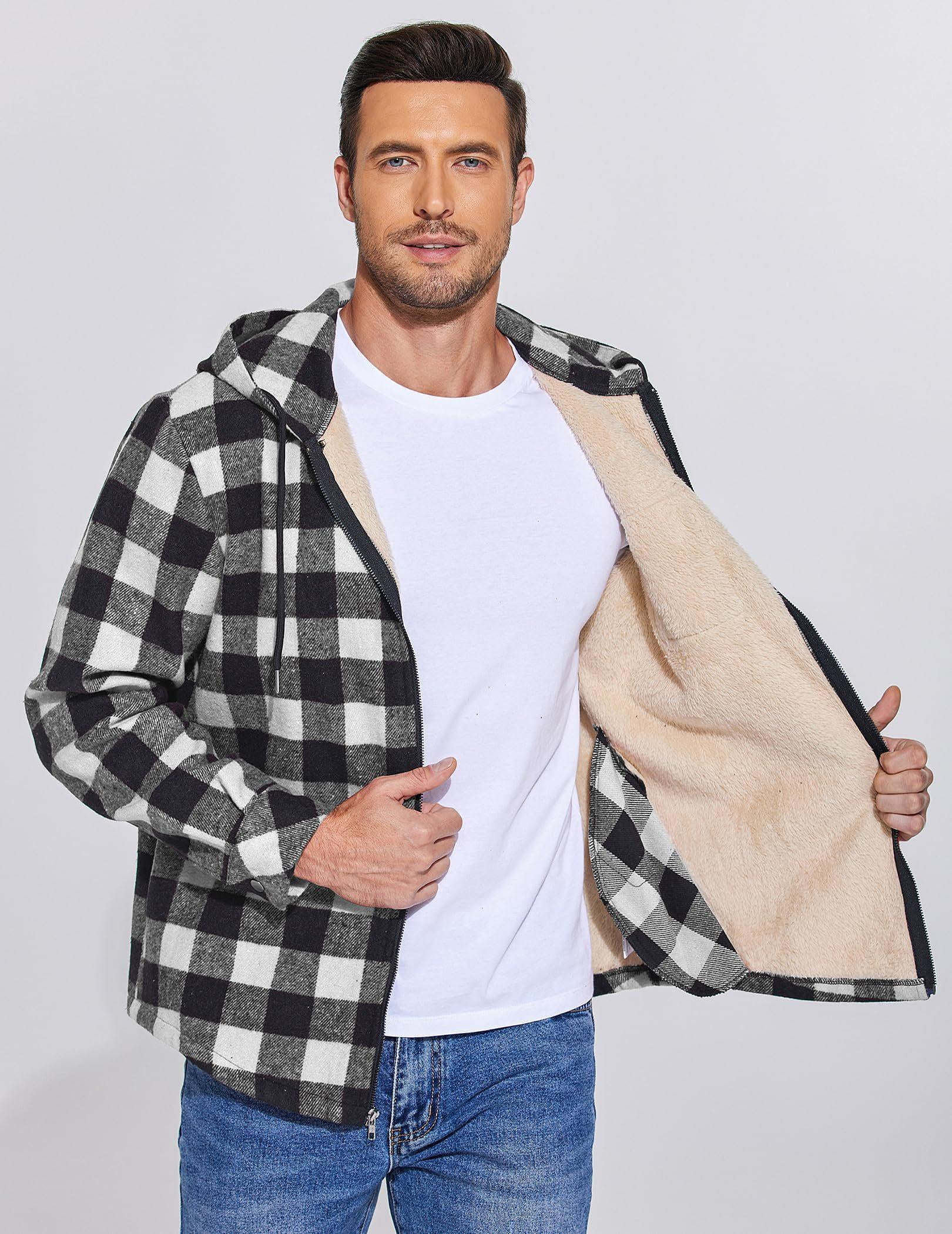 COOFANDY Men's Flannel Hooded Shirt Jacket Plaid Hoodie Zipper Sherpa Lined Winter Thermal Flannel